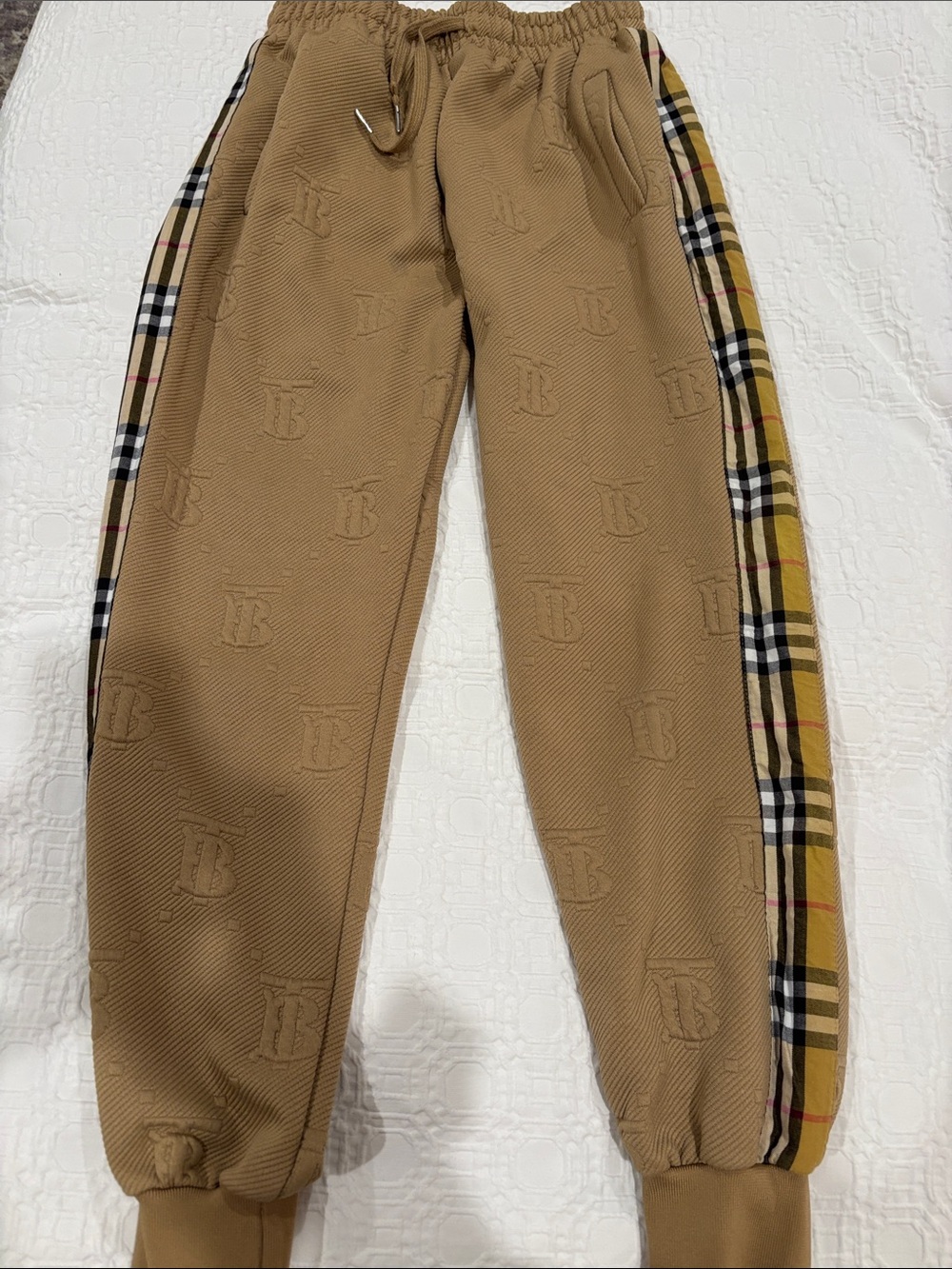 Burberry Tan Joggers with Signature Check Side Stripe